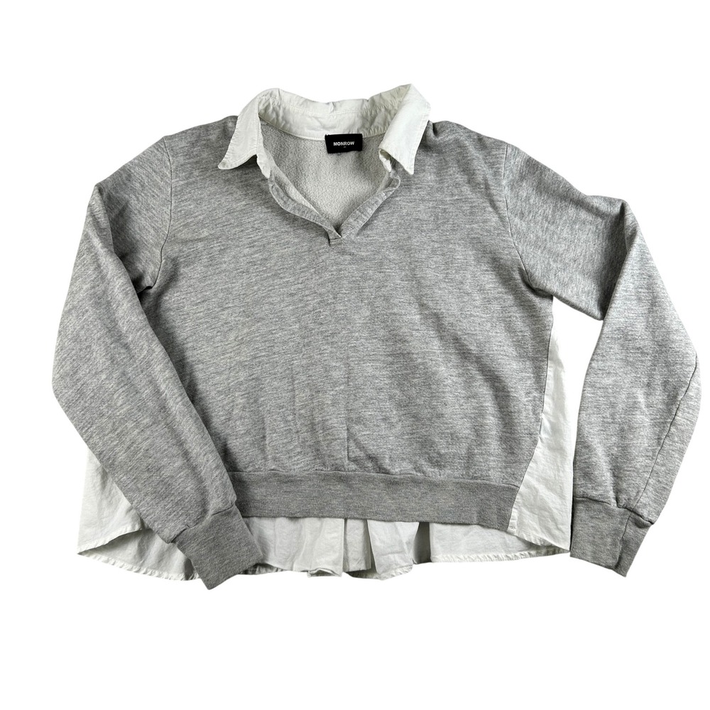Monrow Sweater Womens‎ Small Gray White Mixed Media Collared Made USA HT1438